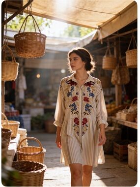 Johnny Was Workshop Embroidered Striped Button-Down Tunic Dress Cotton